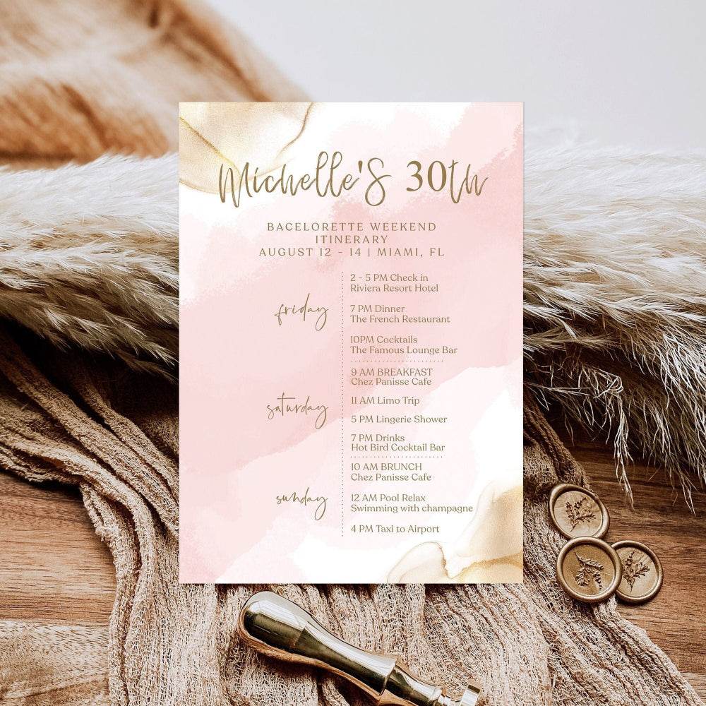Printable Birthday Weekend Itinerary Template, Editable 30th Birthday Weekend Schedule, Pink Gold Party Planning Program, Instant Download