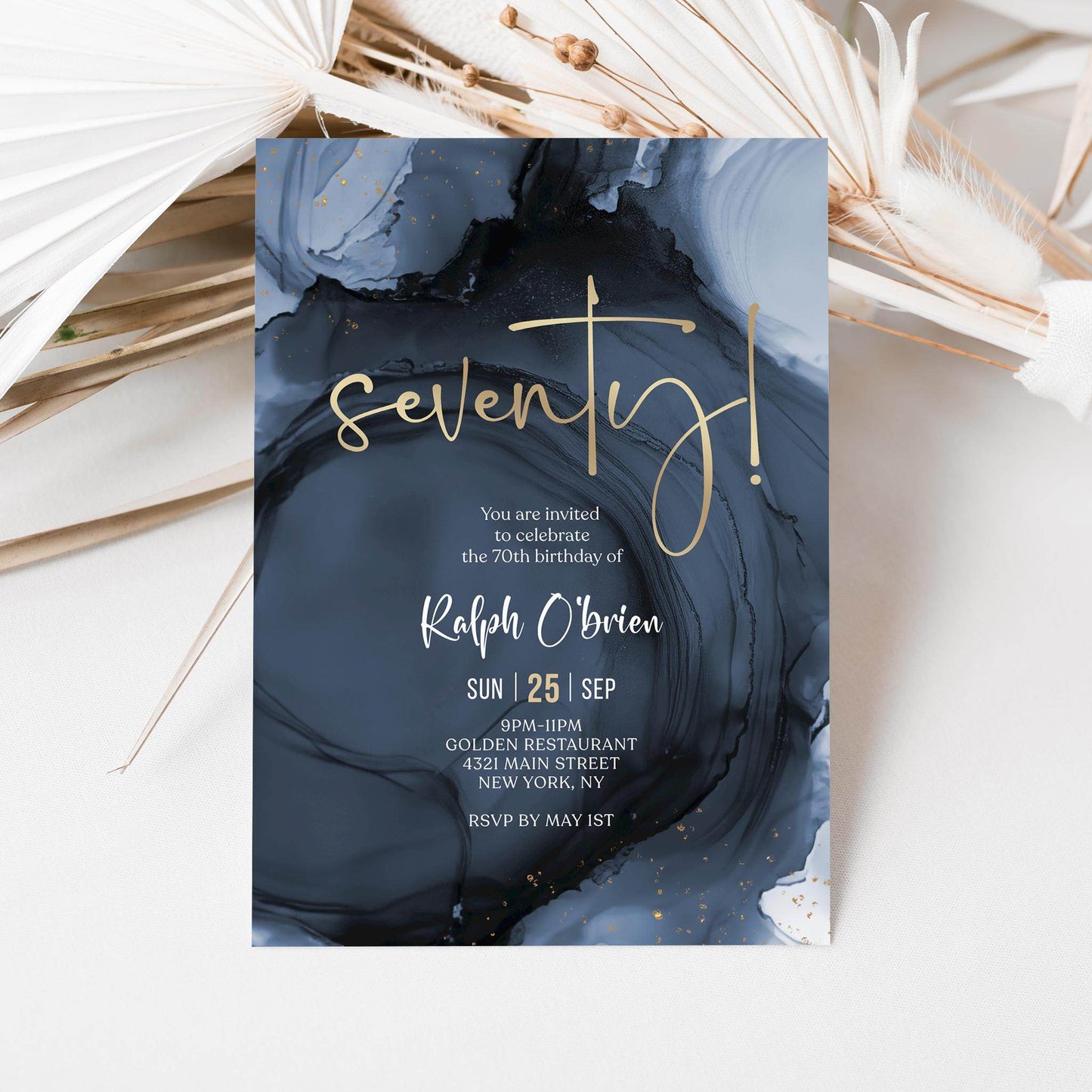 Blue Navy Gold 70th Seventy Birthday Invitation Template, Printable Man Birthday Dinner Invite, Editable Surprise Invite, Digital Download