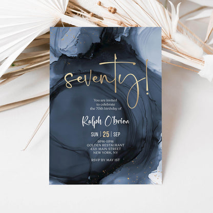 Blue Navy Gold 70th Seventy Birthday Invitation Template, Printable Man Birthday Dinner Invite, Editable Surprise Invite, Digital Download