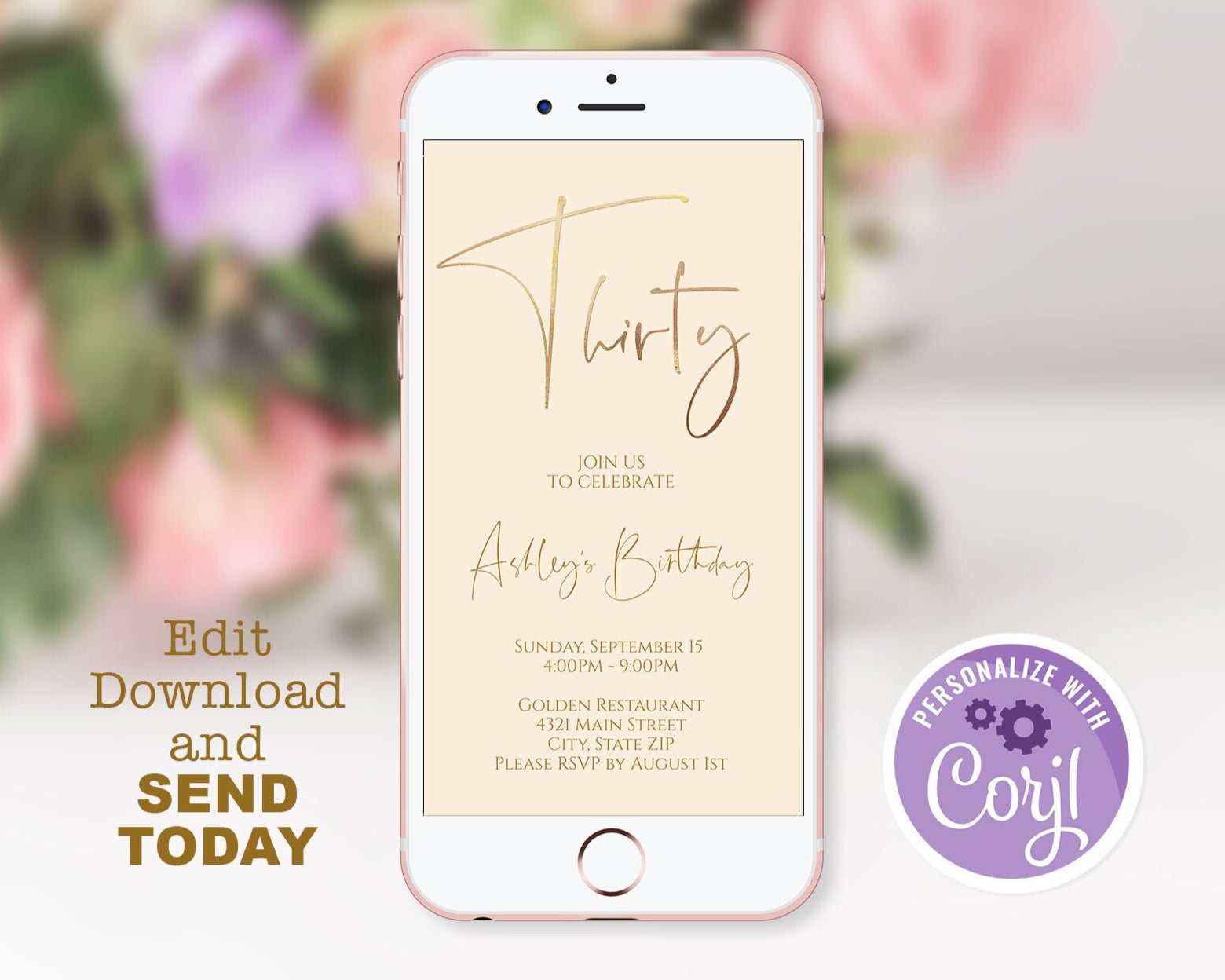 30th Birthday Invitation with Gold Foil Design | Digital | Instant Download