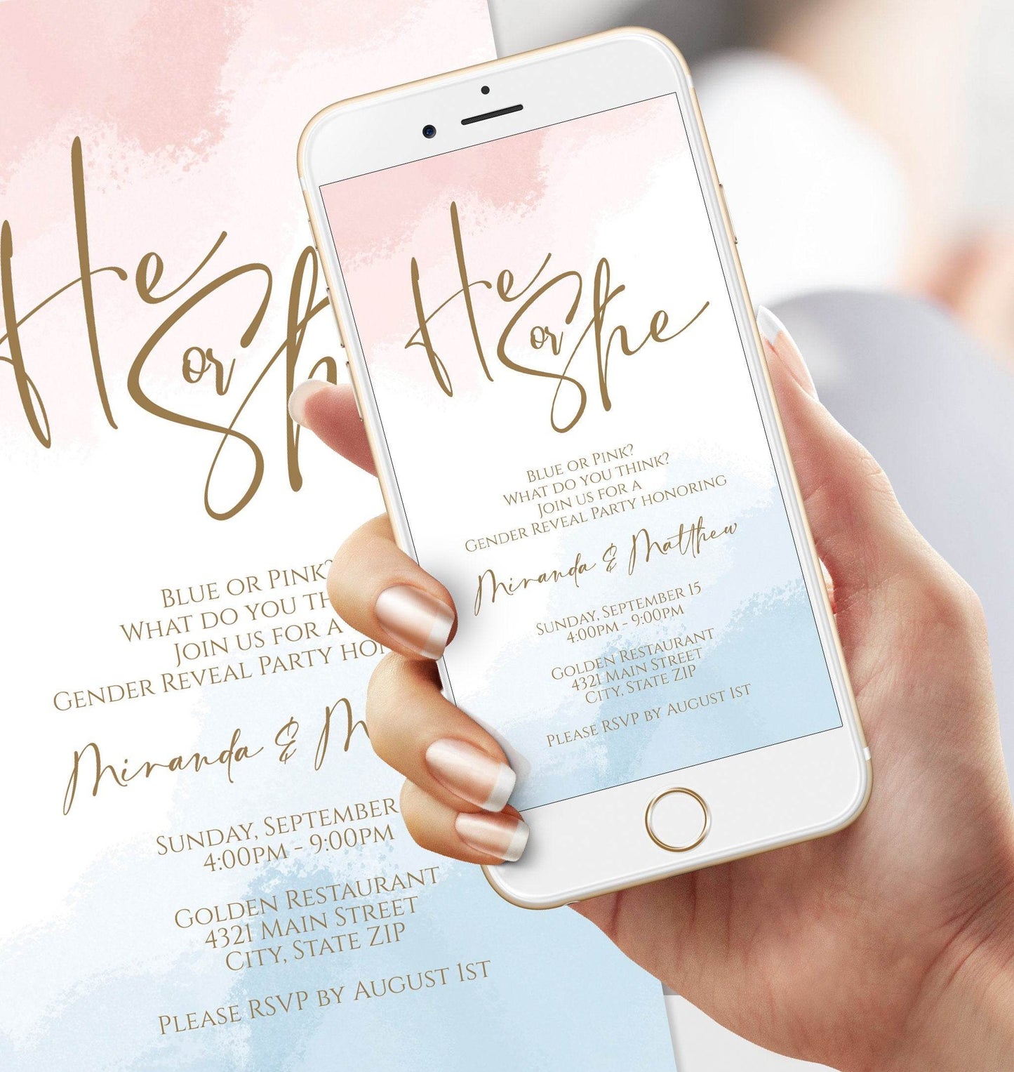 Digital He or She Gender Reveal Invitation Template, Electronic Boy Or Girl Baby Shower Invite, Pink Blue Invite, Phone Text Message Evite, Email Text Message Template