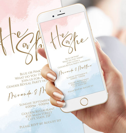 Digital He or She Gender Reveal Invitation Template, Electronic Boy Or Girl Baby Shower Invite, Pink Blue Invite, Phone Text Message Evite, Email Text Message Template