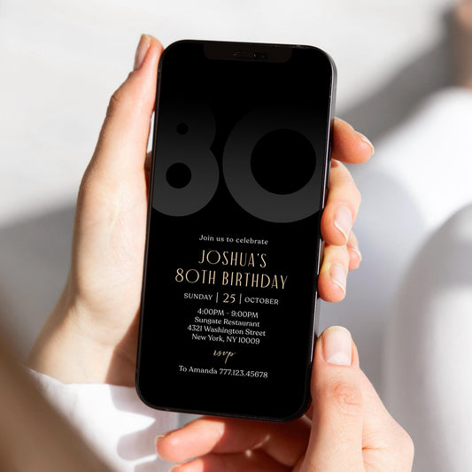 Digital Black 80th Eighty Birthday Invitation Template, Electronic Mobile Invite for Him, Phone Black Elegant Invitation, Text Message Evite