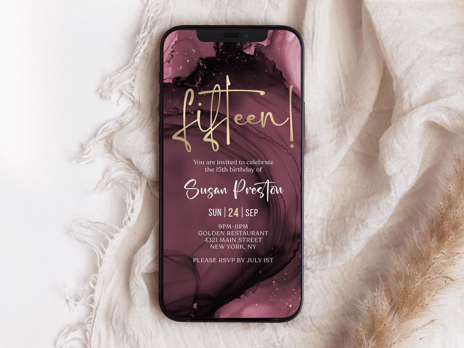 Digital Maroon Purple & Gold 15th Birthday Invitation Template