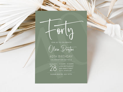 Sage Green 40th Birthday Invitation Template | Editable | Instant Download