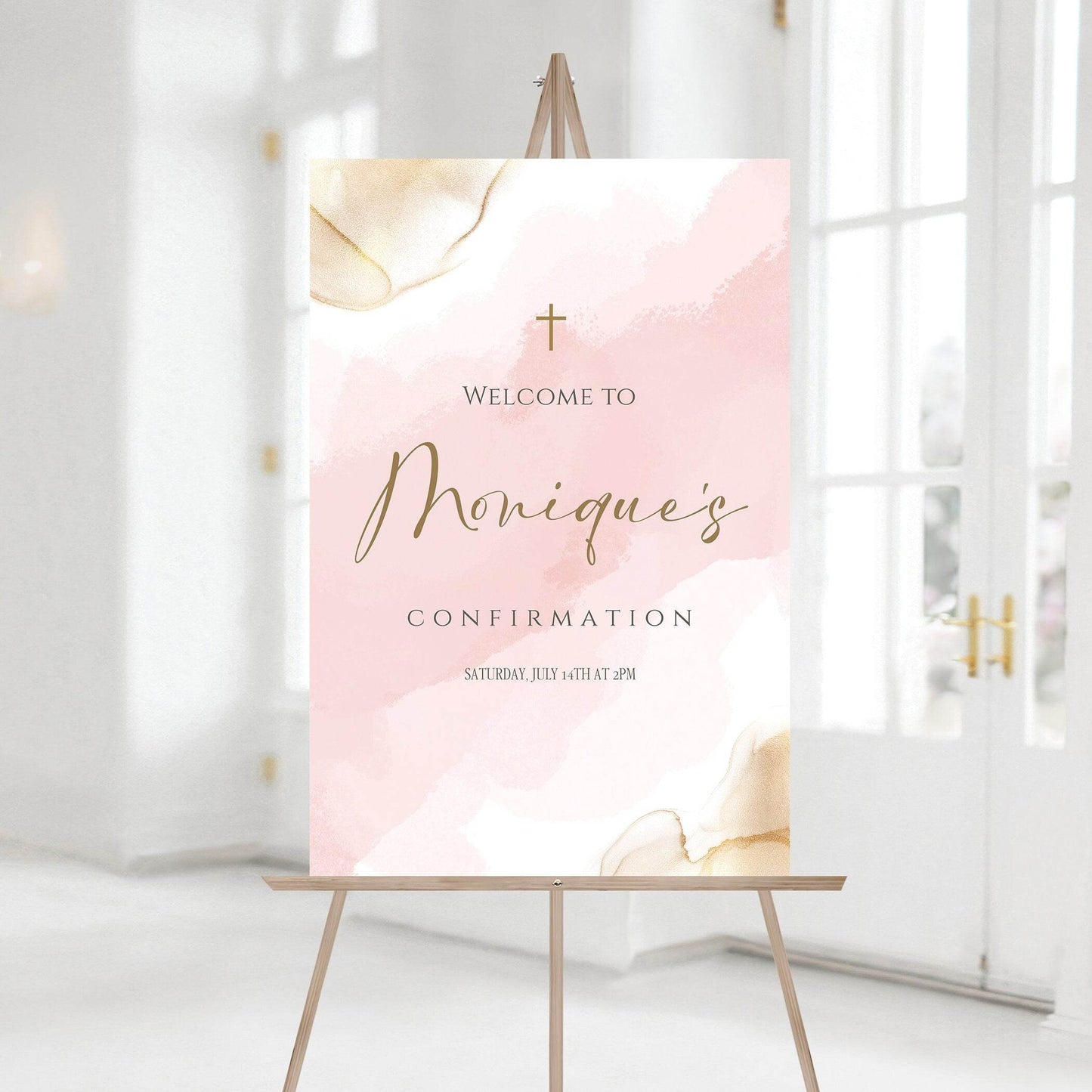Girl Confirmation Welcome Sign Template | Pink Gold Watercolor Editable Poster | Printable Confirmation Party Sign | Instant Download Digital File