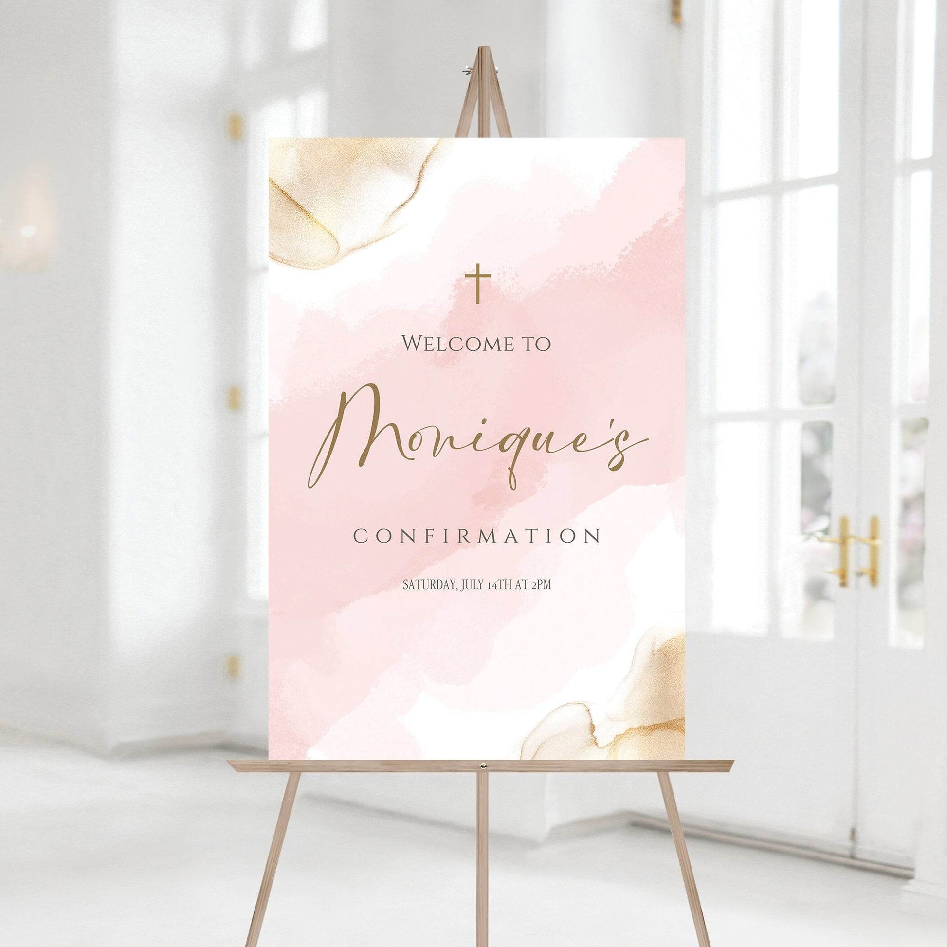 Girl Confirmation Welcome Sign Template | Pink Gold Watercolor Editable Poster | Printable Confirmation Party Sign | Instant Download Digital File