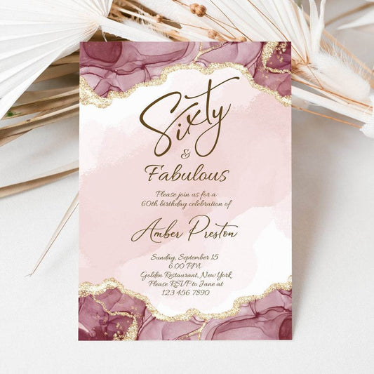 Shades of Pink Birthday Invitation Template, Editable “60 & Fabulous” or “Fifty Surprise” Party Invite, Printable Women’s Birthday Card, Instant Download
