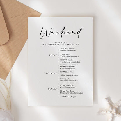 Simple Weekend Itinerary Template, Editable Weekend Itinerary, Printable Birthday Weekend Invitation, Minimalist Elegant Itinerary, Digital