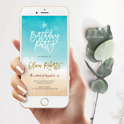 Electronic Beach Birthday Invitation, Editable Digital Text Message Invite, DIY Phone Birthday Invitation, Instant Download