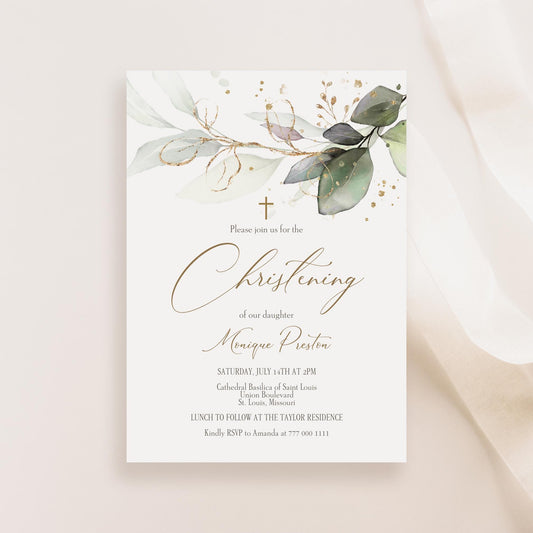Editable Christening Invitation Card Template, Greenery Christening Invite, Boy Girl Christening Invitation, Digital Gold Foil Leves Baptism