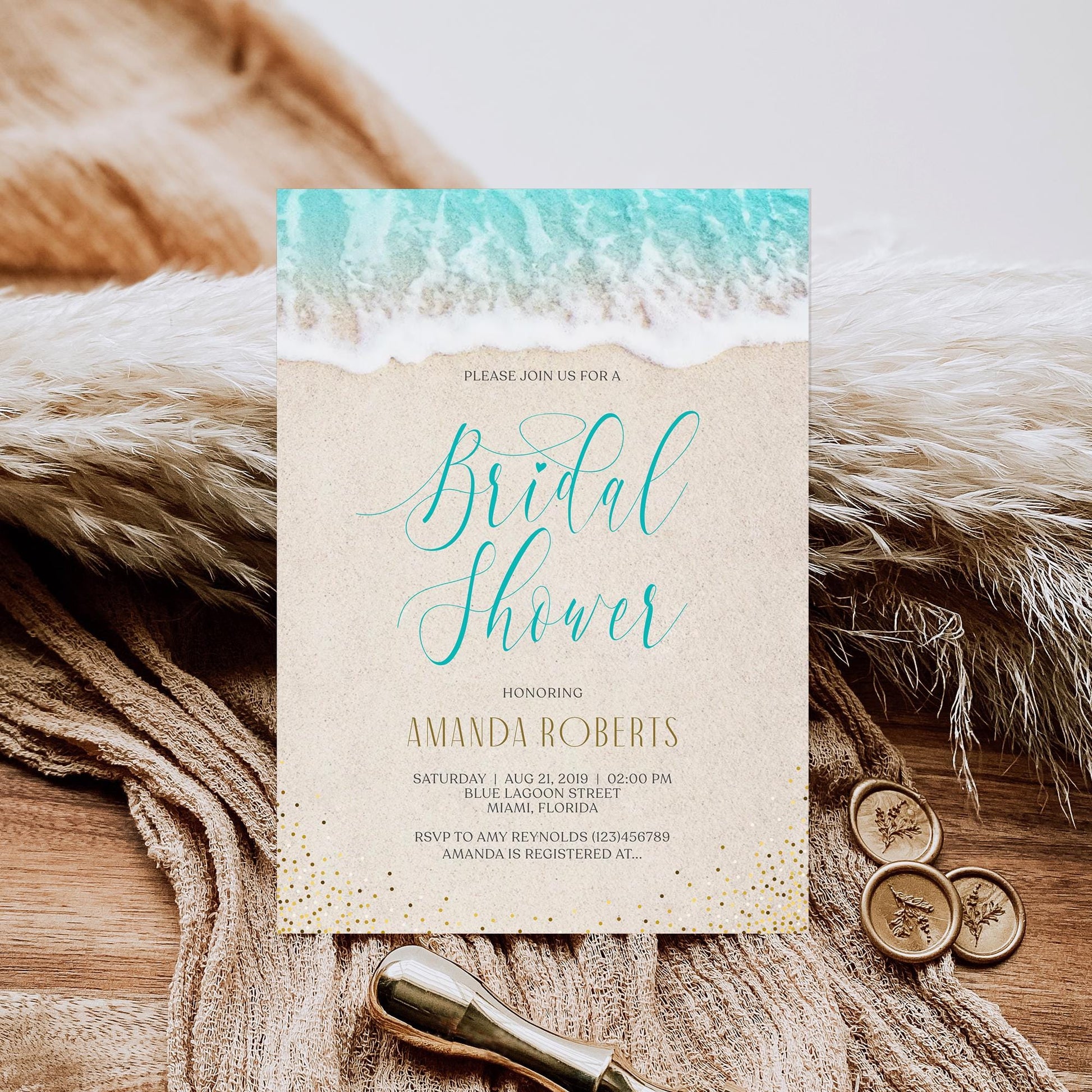 Beach Bridal Shower Card Invite, Invitation Beach Theme, Ocean Bridal Shower, Sea Bridal Shower, Editable Template, Printable Invitation DIY