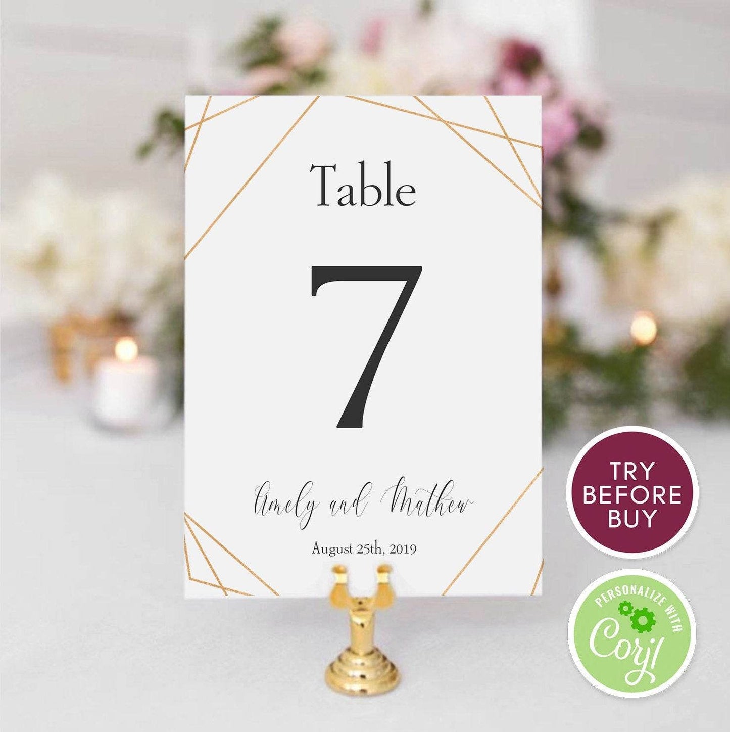 Geometric Gold Table Number Template, Editable Printable Table Cards, DIY Table Numbers Sign for Wedding or Event