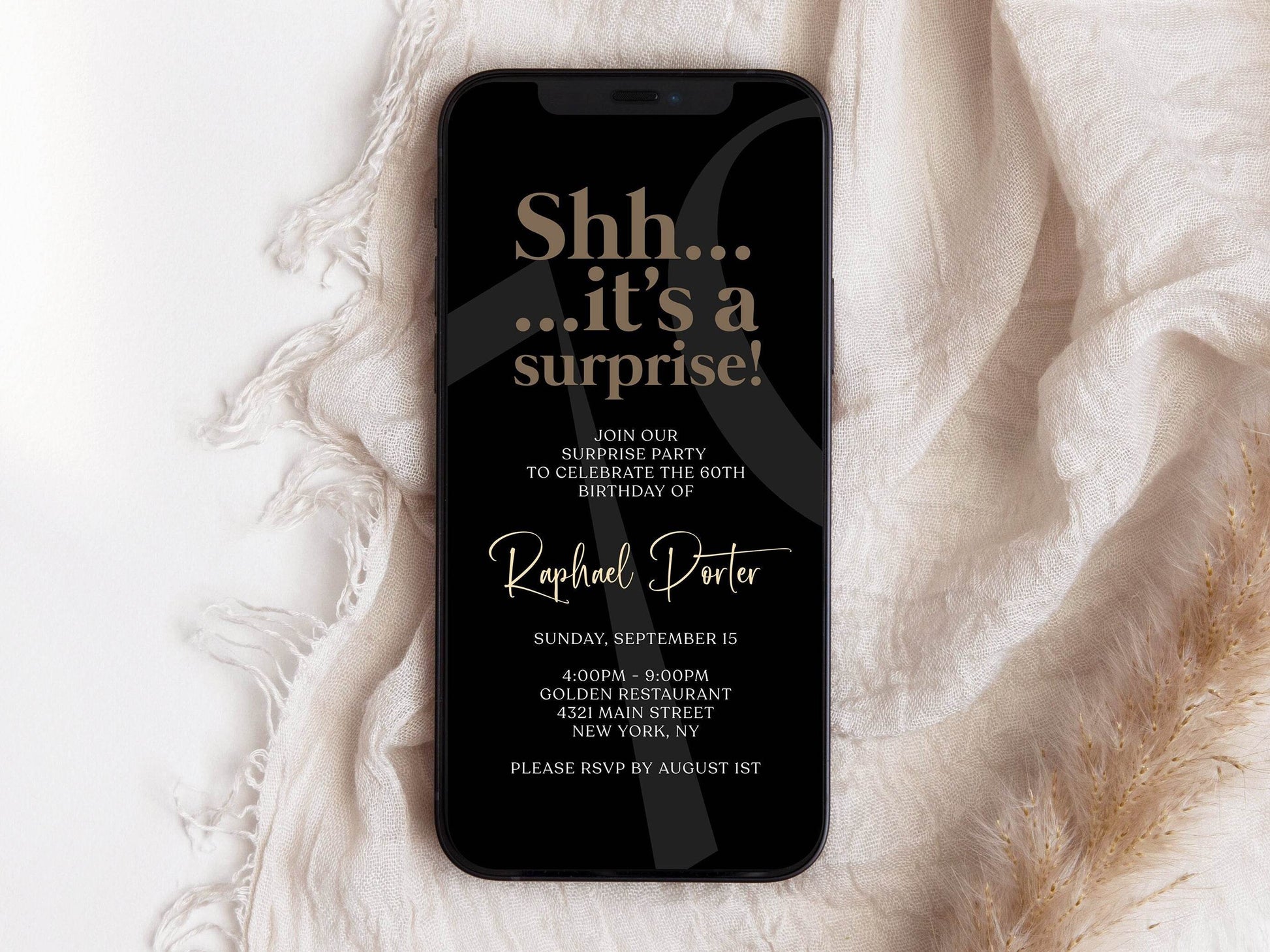 Digital Simple Shhh it's a surprise, Electronic 70th Seventy birthday text message invitation template, Minimalist Editable Birthday invite