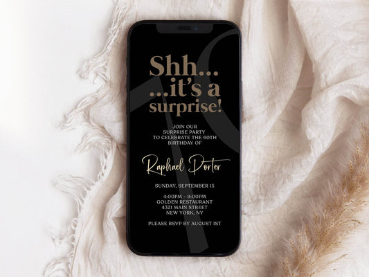 Digital Simple Shhh it's a surprise, Electronic 70th Seventy birthday text message invitation template, Minimalist Editable Birthday invite