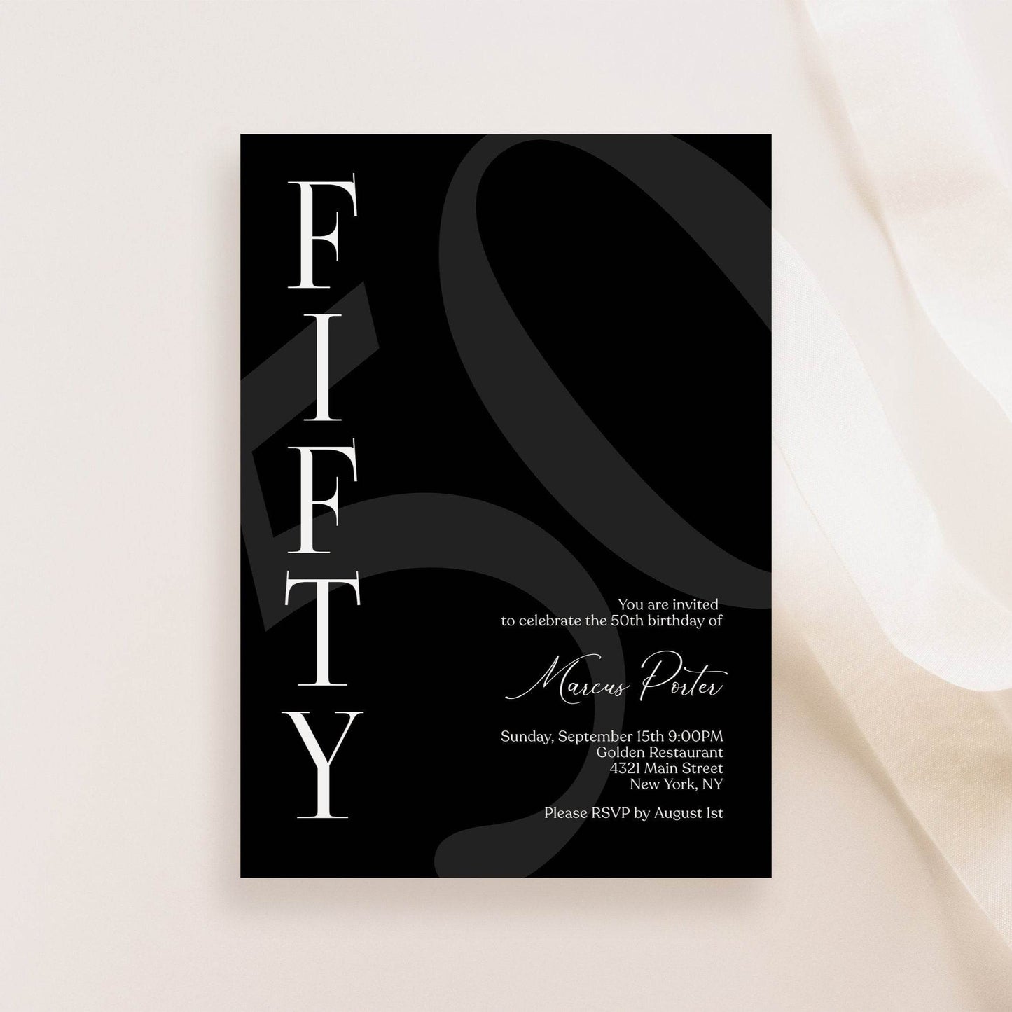Minimalist Simple Black 50th Birthday Invitation Template – Editable Any Age Men’s Party Invite | Email Text Message | Printable Instant Download