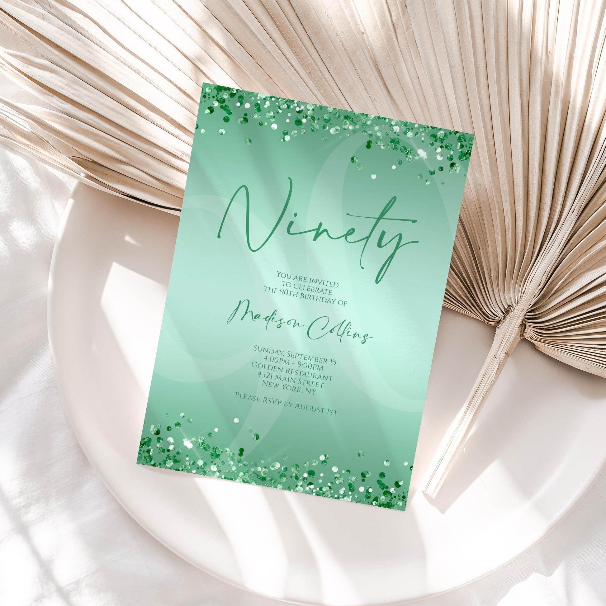 Printable Mint Green 90th Birthday Invitation Template | Editable Digital Mint Birthday Card for Women | Instant Download