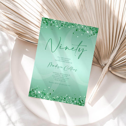 Printable Mint Green 90th Birthday Invitation Template | Editable Digital Mint Birthday Card for Women | Instant Download