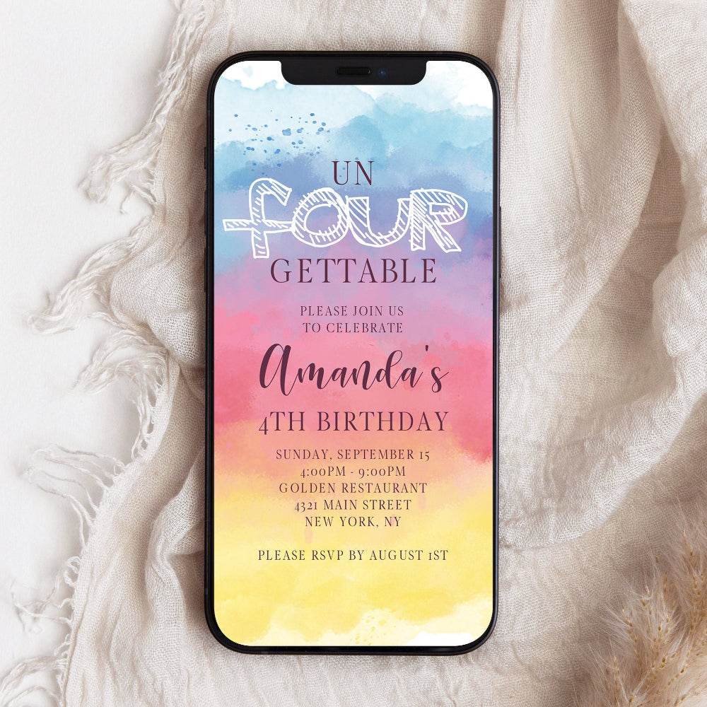 4th Birthday Pastel Rainbow Invitation – Editable Girl's Digital Invite | DIY Electronic Evite | Text Message Party Template | Instant Download