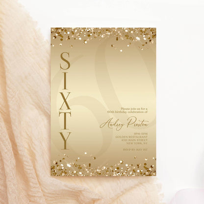 Gold 60th Birthday Invitation Template – Printable Surprise Party Invite – Editable Digital Sixty Card with Confetti for Text or Email