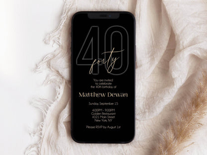 Black Gold 40th Birthday Invitation, Digital Editable Evite Template, Mens 40th Party Phone Text Message Invite