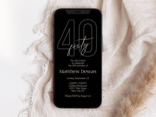 Black Gold 40th Birthday Invitation, Digital Editable Evite Template, Mens 40th Party Phone Text Message Invite