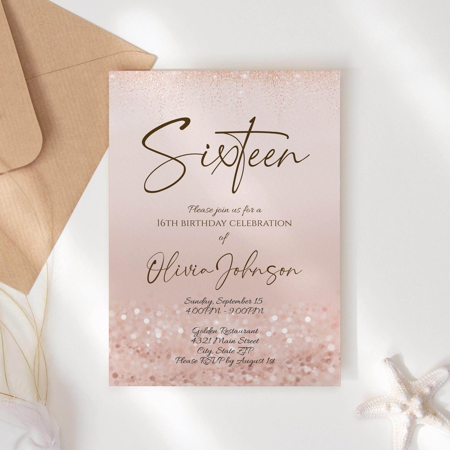 Girl 16th Sixteen Invitation Template Printable, Pink Birthday Party Invite, Editable Rose Gold Glitter Birthday Invitation Instant Download