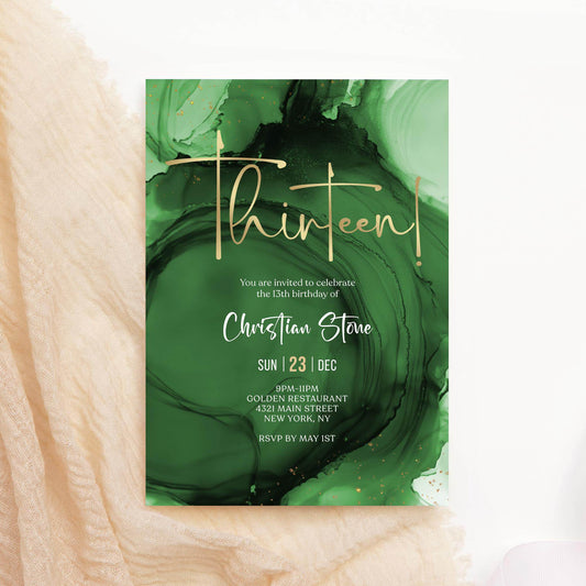 Editable 13th Birthday Invitation Template – Emerald Green Surprise Party Invite – Printable Teen Birthday Evite – Digital Download