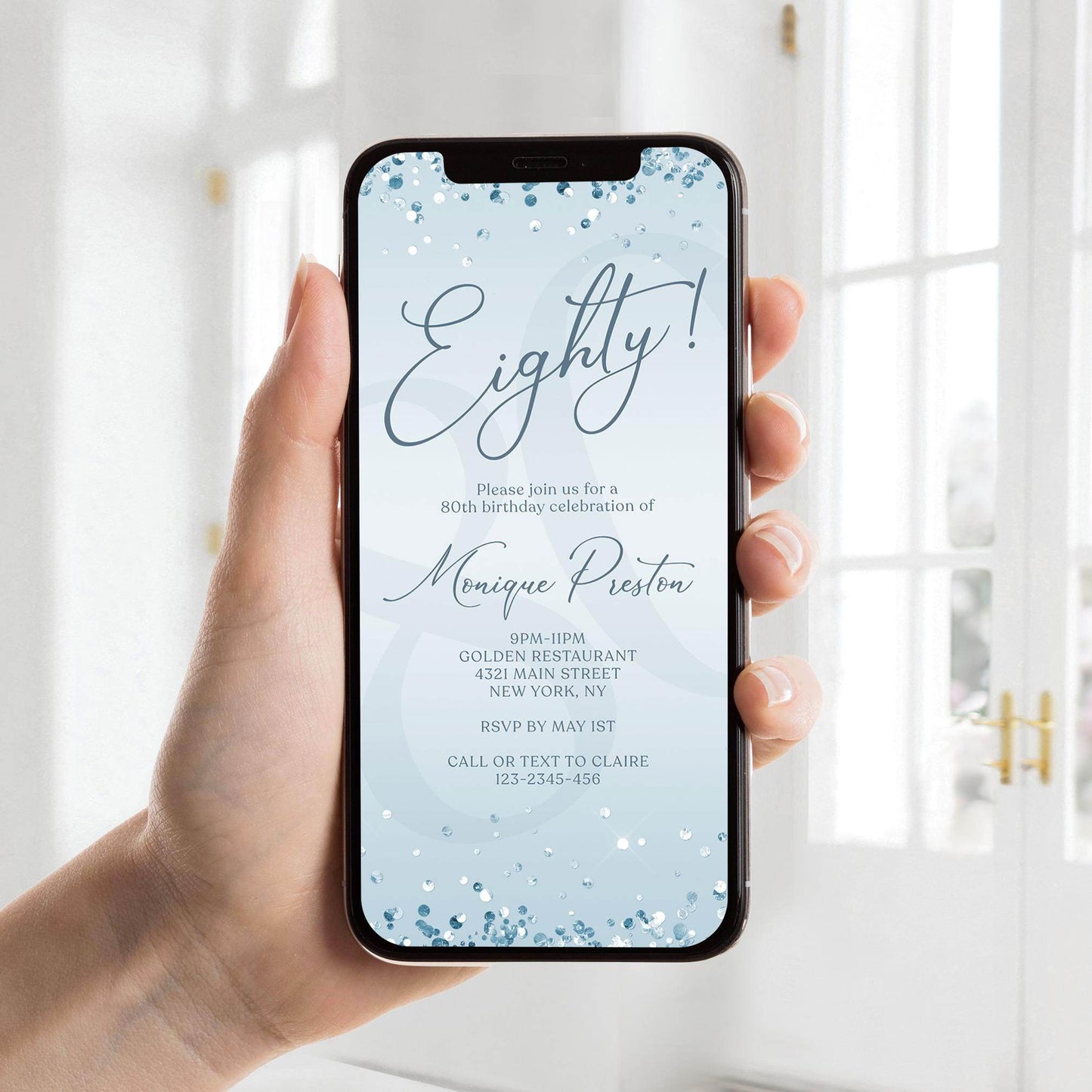 Electronic Blue Silver 80th Birthday Invitation Template – Editable Mobile Evite | Phone Digital Invite | Email Text Message | Instant Download