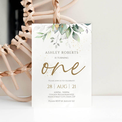 Baby One First Birthday Invitation Template, Editable Greenery Eucalyptus Boho Invite, Printable 1st Birthday Card, Instant Download