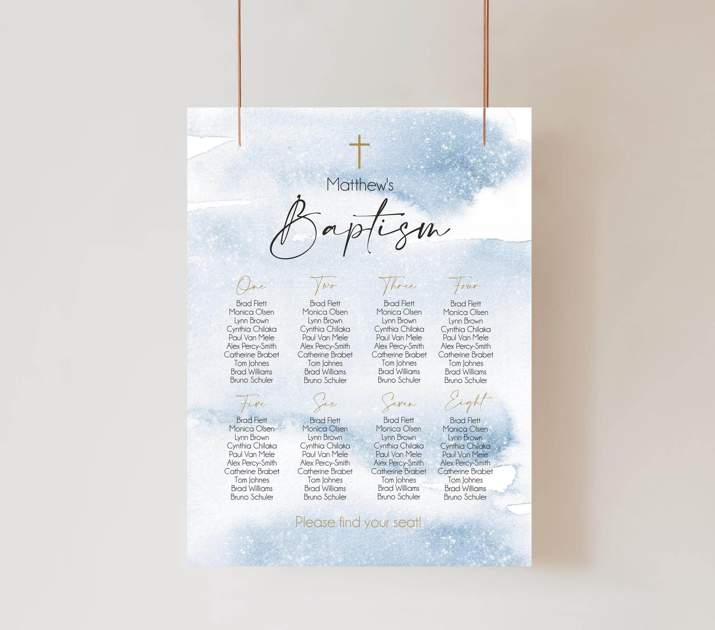 Baptism Seating Chart Sign Template, Blue Watercolor Editable Seating Chart, Table Seating Poster for Boy, Digital Download
