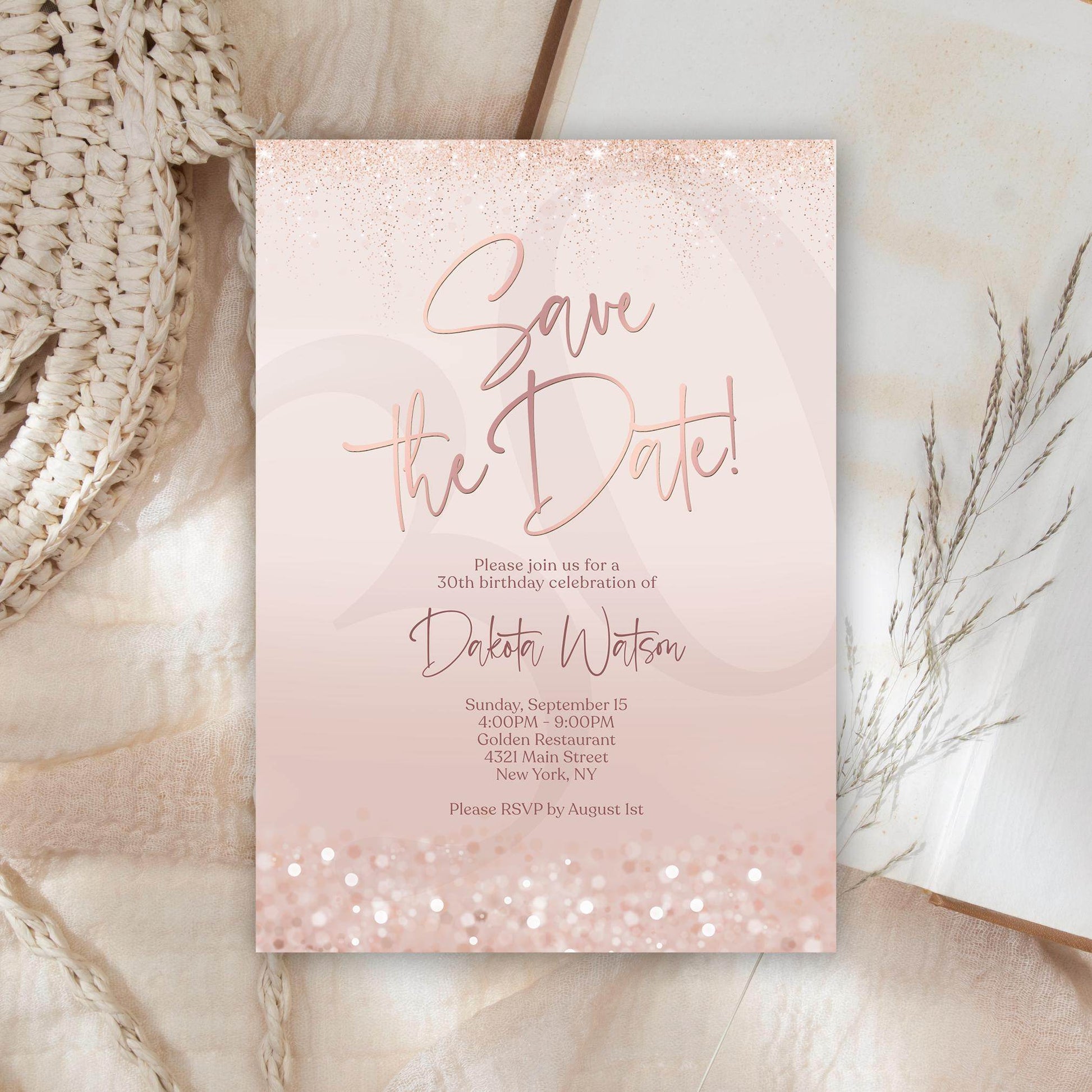 Save the Date Birthday Invitation Template | Editable Pink Rose Gold Invite | Any Age Digital Card | Email or Text Message Evite | Instant Download