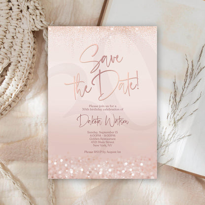 Save the Date Birthday Invitation Template | Editable Pink Rose Gold Invite | Any Age Digital Card | Email or Text Message Evite | Instant Download