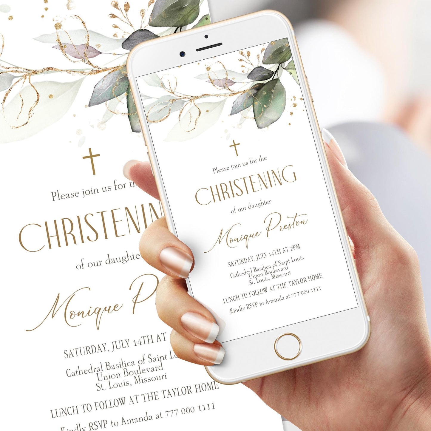 Digital Greenery Christening Invitation Template, Electronic Christening Invite, Boy Girl Christening, Editable Baptism Text Message Evite