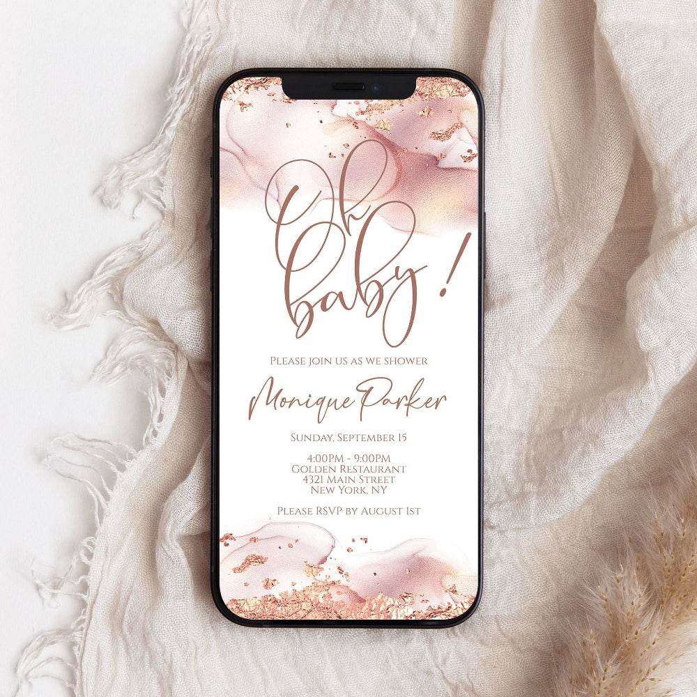 Oh Baby Rose Gold Baby Shower Invitation – Digital Baby Girl Shower Evite – Editable Electronic Invitation Template – Sweet Rose Gold Girl Invite
