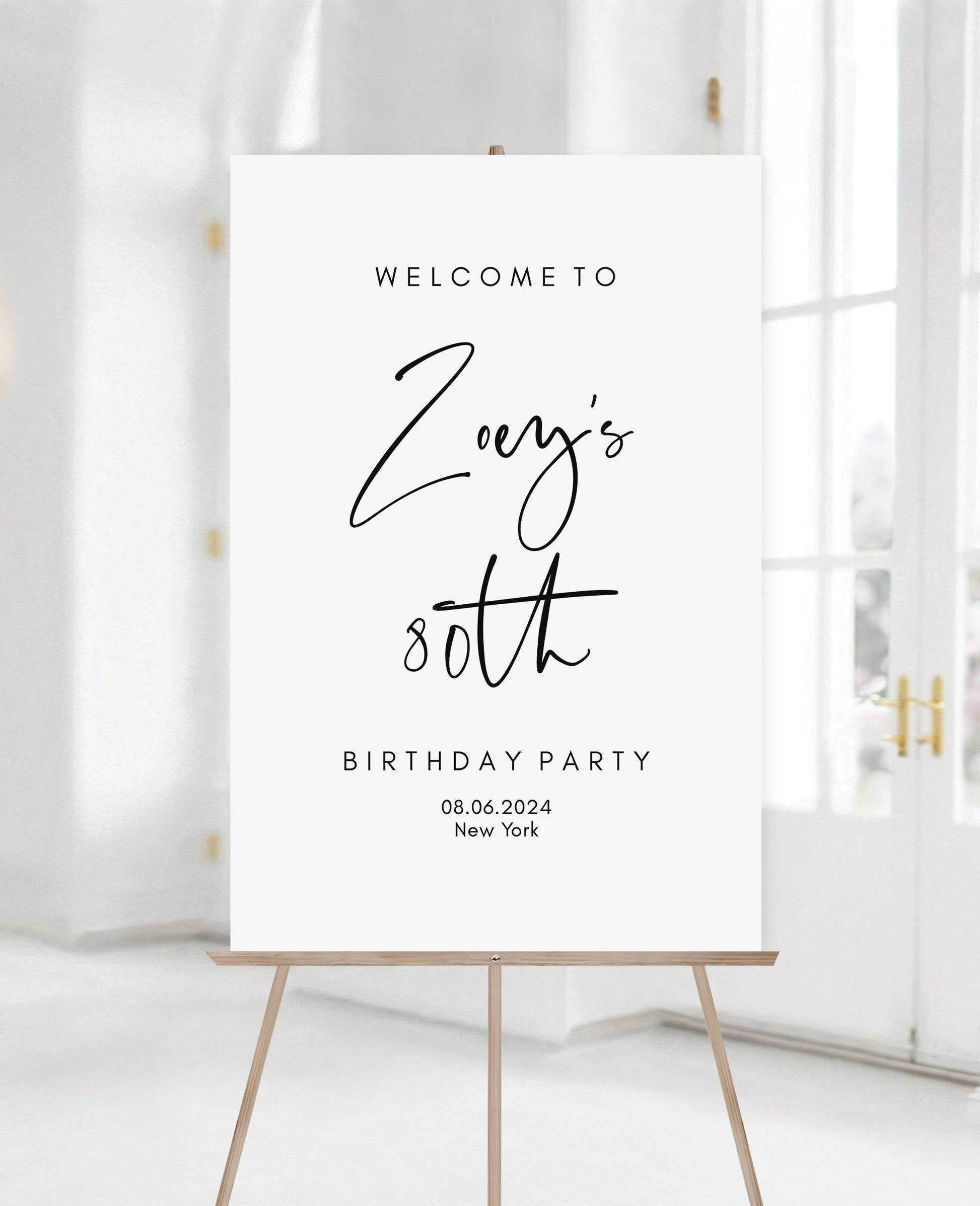 Simple 80th Birthday Welcome Sign Template | Printable & Editable Minimalist Birthday Decoration