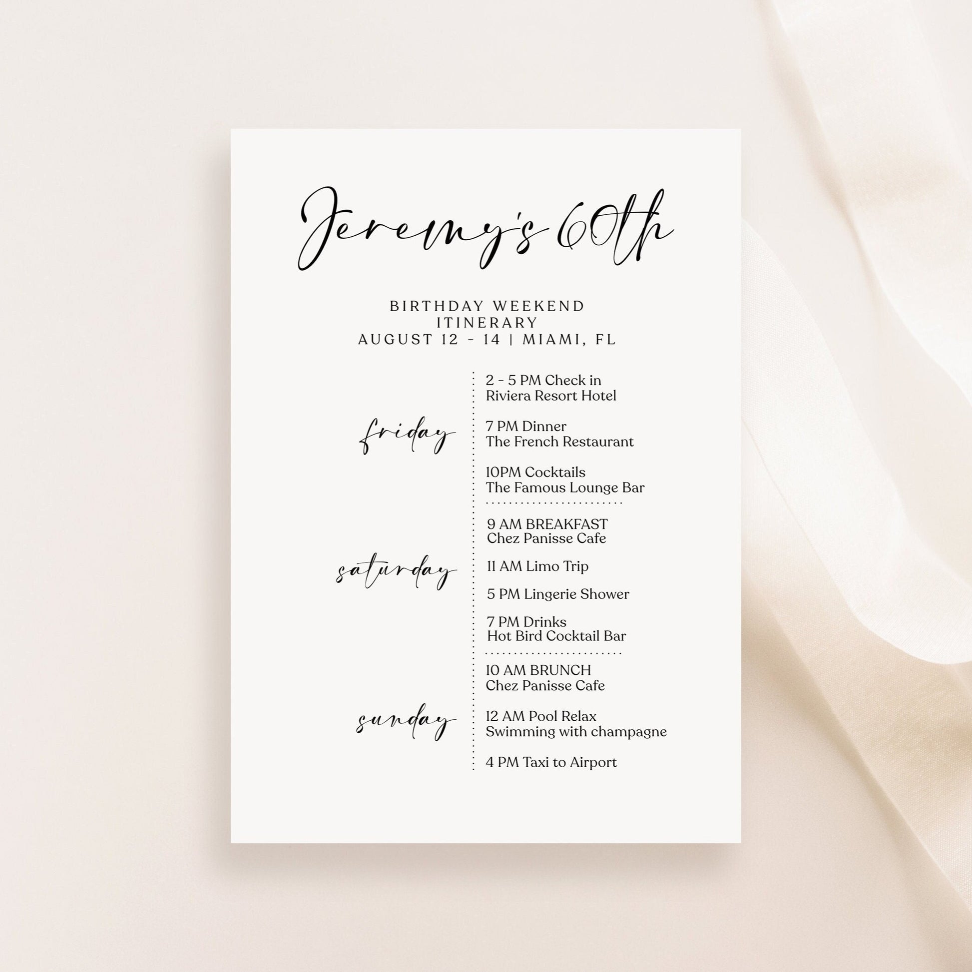 Editable Simple 60th Sixty Birthday Itinerary Template, Printable Minimalist Weekend Itinerary, White Birthday Weekend Schedule