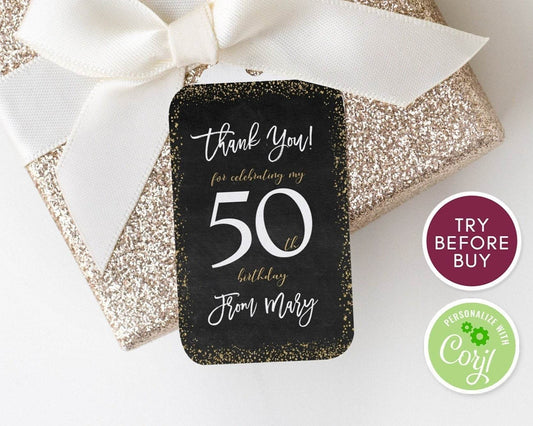 50th Birthday Favor Tags – Editable Fifty Black & Gold Confetti Thank You Tags | Printable Party Favor Labels | Personalized Any Age Tag | Instant Download DIY Template