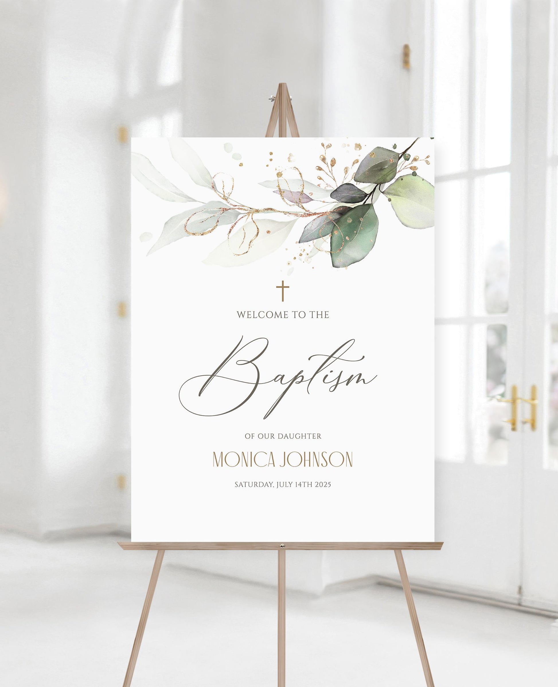 Editable Baptism Welcome Sign Template, Greenery Eucalyptus Leaves, Printable Boy Or Girl Christening Welcome Poster Board, Baptism Decor