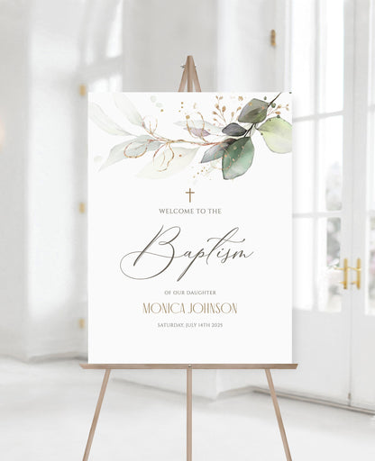Editable Baptism Welcome Sign Template, Greenery Eucalyptus Leaves, Printable Boy Or Girl Christening Welcome Poster Board, Baptism Decor