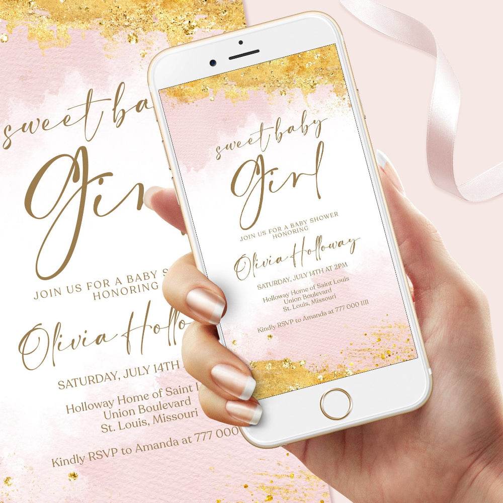 Electronic Baby Shower Invitation | Pink and Gold Text Message Evite | Editable Digital Baby Shower Invite for Girl | Mobile Phone Template