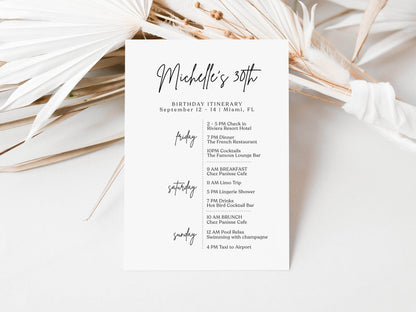 Birthday Itinerary Template | Simple Minimalist Editable Weekend Schedule | Printable Birthday Event Details | Instant Download
