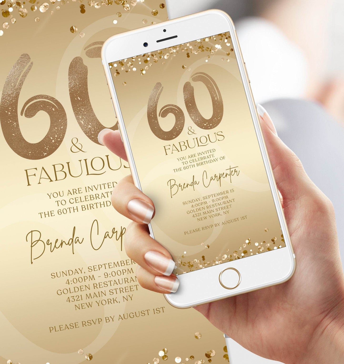 Sixty and Fabulous Digital Birthday Invitation – Editable 60th Dinner Party Evite – Gold Ladies Text Message Invite – Instant Download