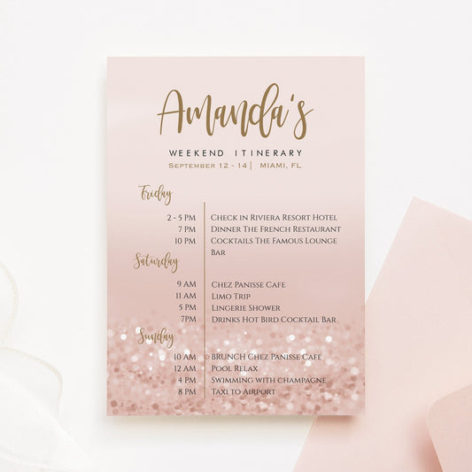 Printable Rose Gold Bachelorette Weekend Itinerary Invitation, Editable Birthday Weekend Itinerary, Hens Party Itinerary, Instant Download