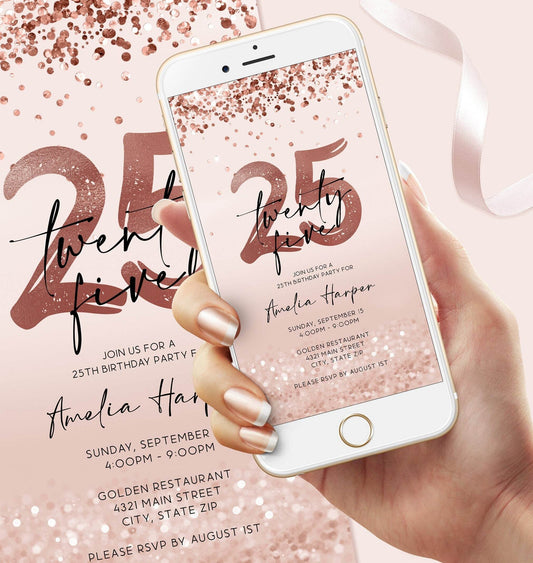 Electronic 25th Twenty Five Birthday Invitation Template, Digital Rose Gold Foil Confetti, Girl Party Editable Invite, Evite, Text Message