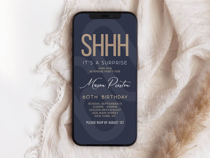 Digital Navy Gold 60th Sixty Shhh its a surprise, Electronic birthday invitation template, Editable Text Message Evite, Custom Phone Invite