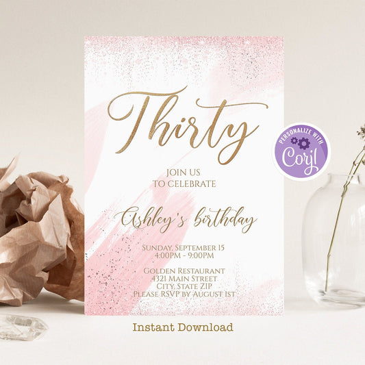 30th Birthday Invitation, Gold Foil Thirty Invitation Template, Editable 30th Birthday Party, Watercolor Birthday Invite, Instant Download