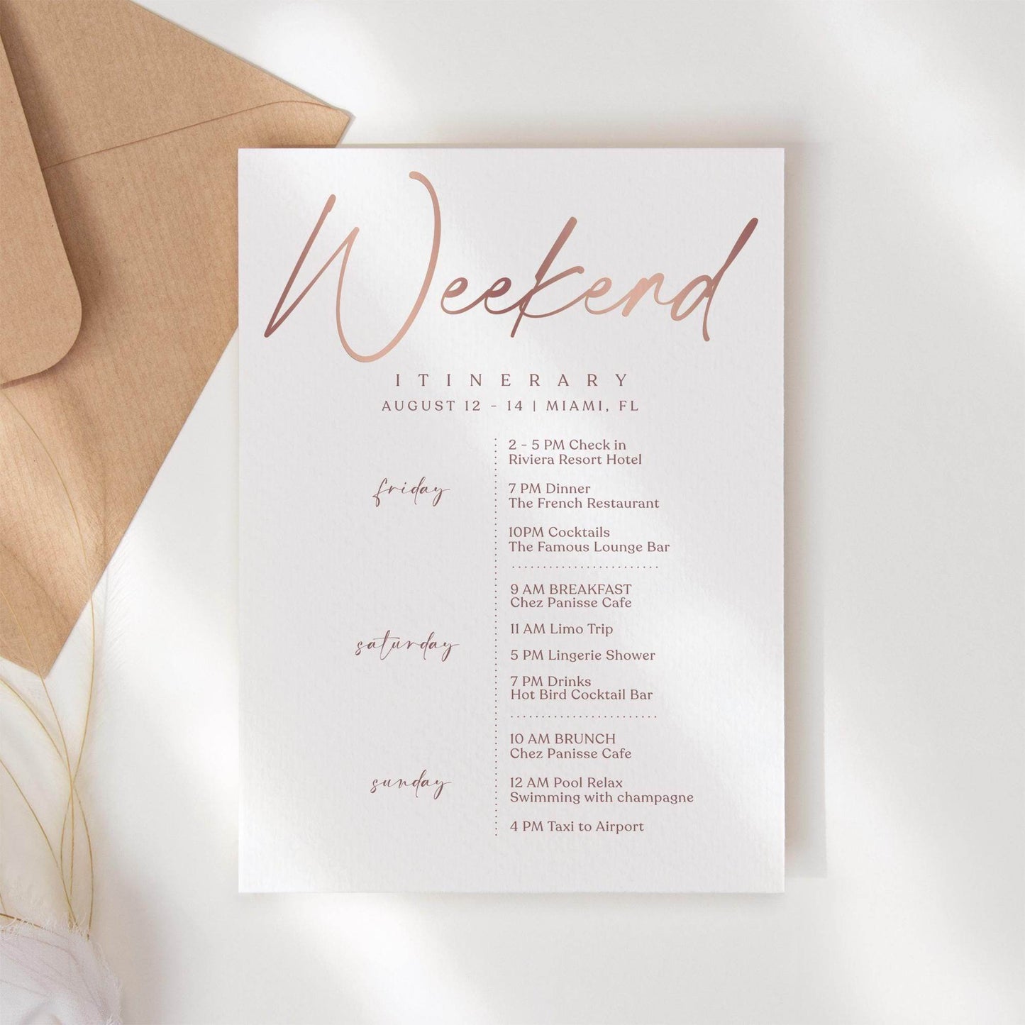 Printable Rose Gold Weekend Itinerary Template – Editable Birthday, Anniversary, or Hen Party Schedule | Elegant Event Planner | Instant Download