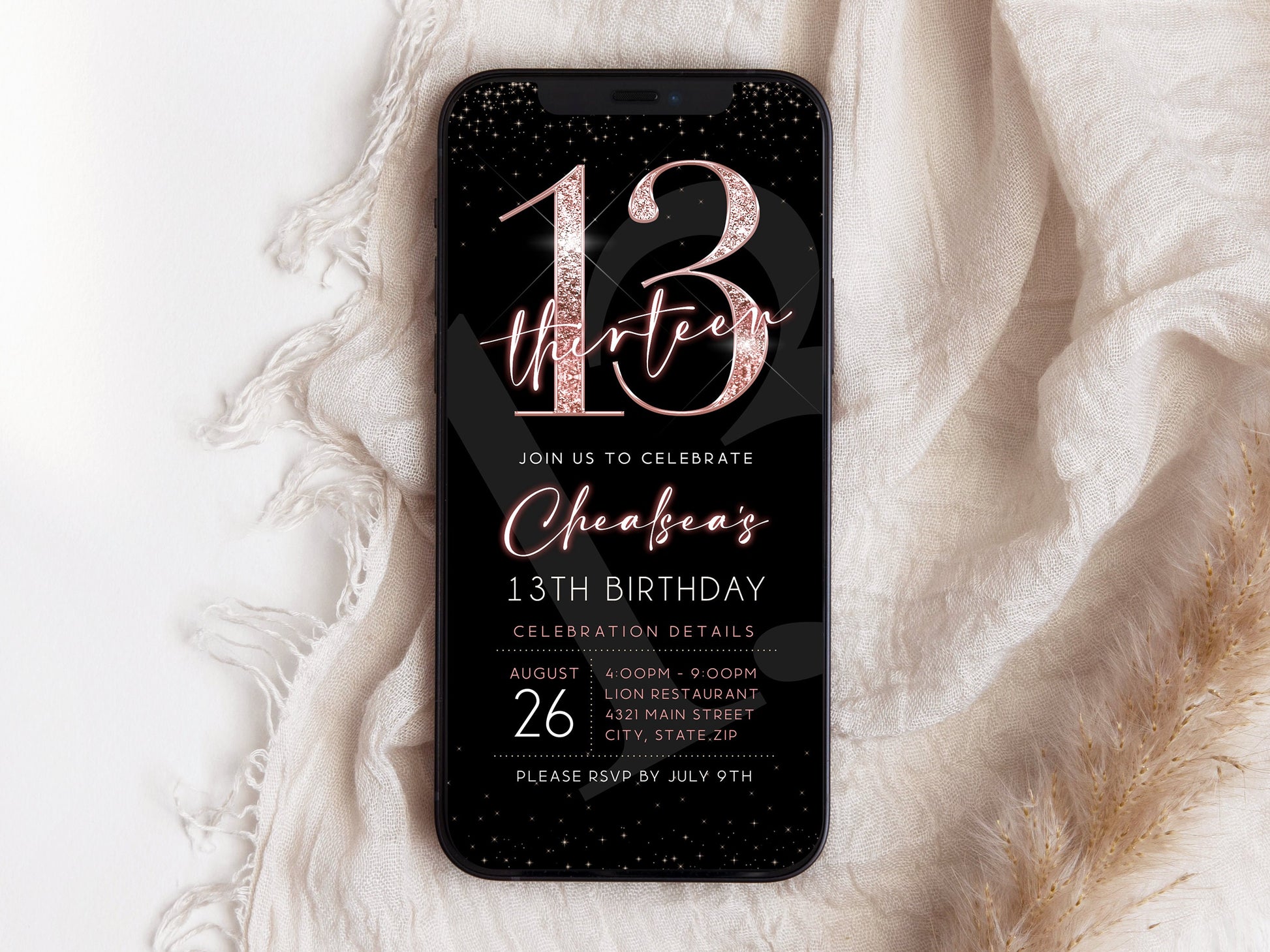 Digital 13th Thirteen Girl Birthday Electronic Invitation, Editable Invite, Text Message Evite, Custom Mobile Invitation, Digital Template