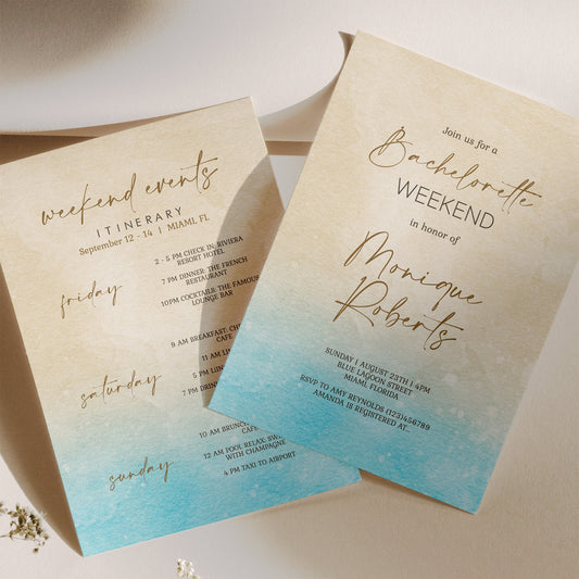 Printable Bachelorette Invitation Template, Sea Sand Watercolor Bachelorette Invite, Beach Bachelorette Invite, Weekend Itinerary Schedule